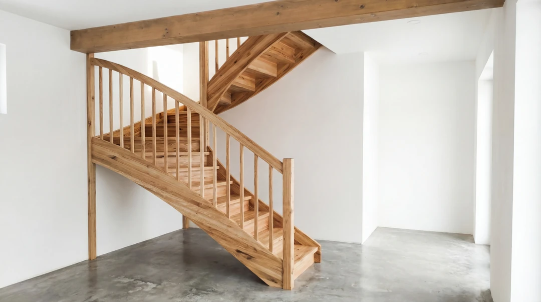 Halbgewendelte Wangentreppe aus Eschenholz Halbgewendelte Wangentreppe aus Eschenholz